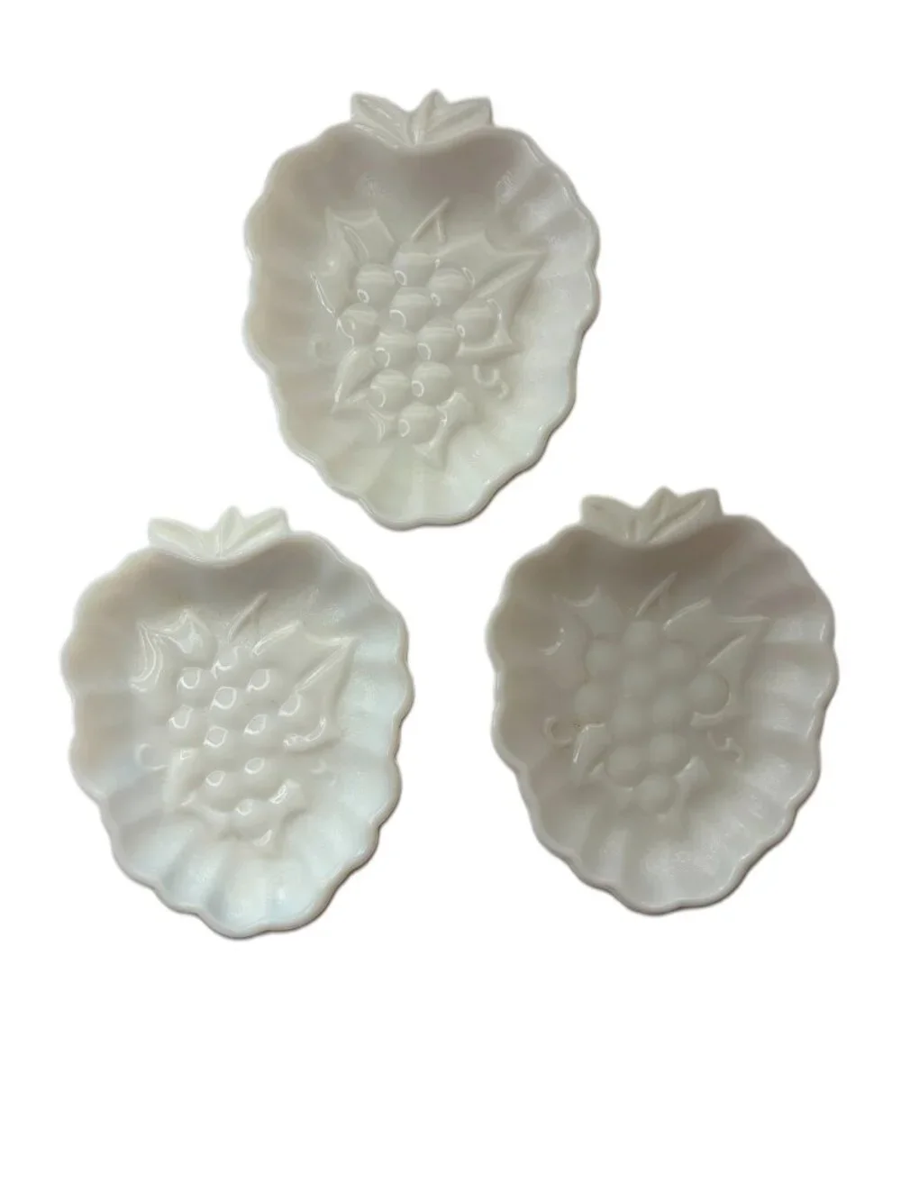 Vintage Milk Glass Grape & Leaf Dishes Set of 3 Embossed Scalloped Fruit Shape
